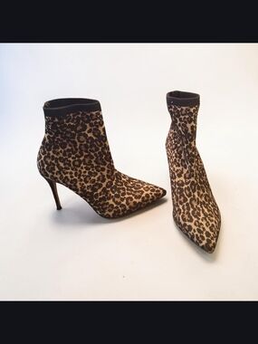 Something Navy Leopard Prink Cheetah Sock Boots Womens Size 9.5 Stiletto Heels